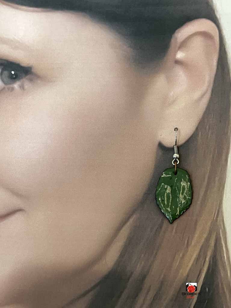 Green and Gold Leaf Enamel Dangling Earrings Bedrock Rose
