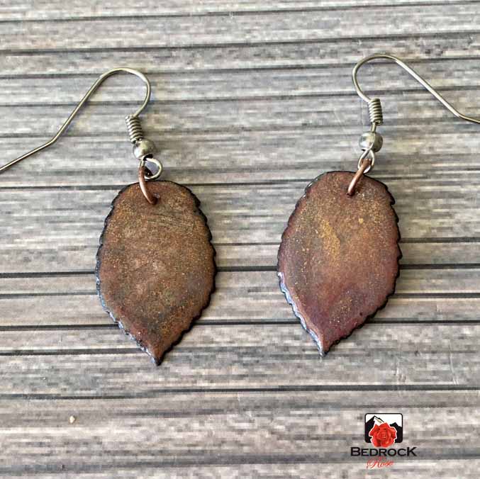 Warm Copper and Bronze Leaf Dangling Earrings Bedrock Rose, Nature-inspired jewelry, burnt umber leaf danglers