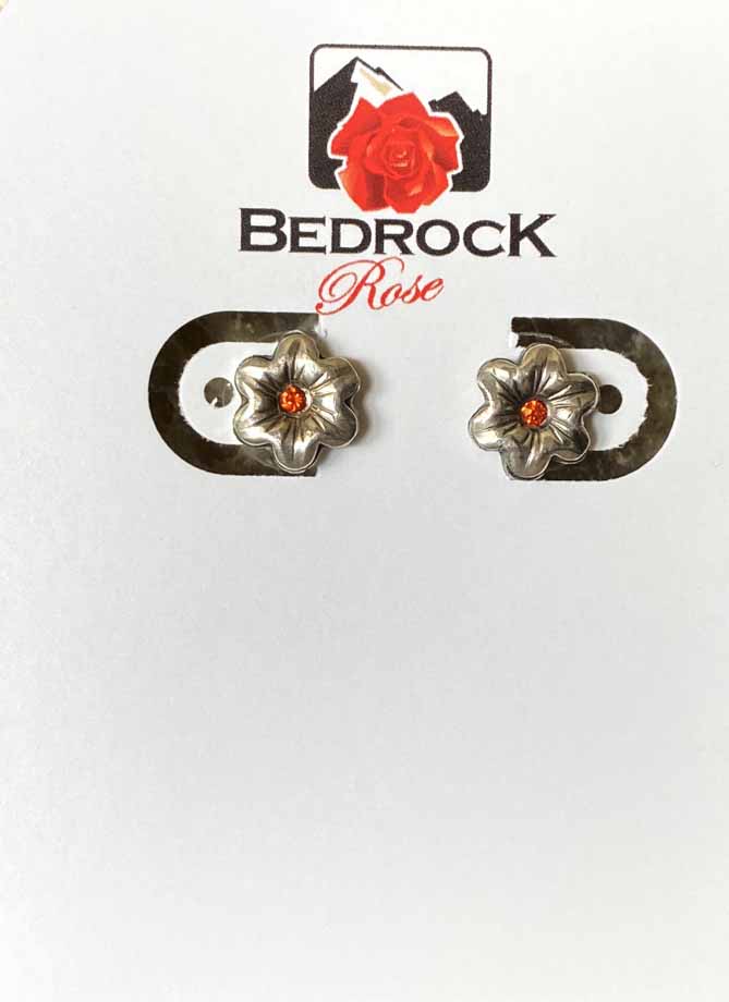 Dainty Silver Flower Post Earrings Bedrock Rose, Handmade Jewelry, Orange Gemstone