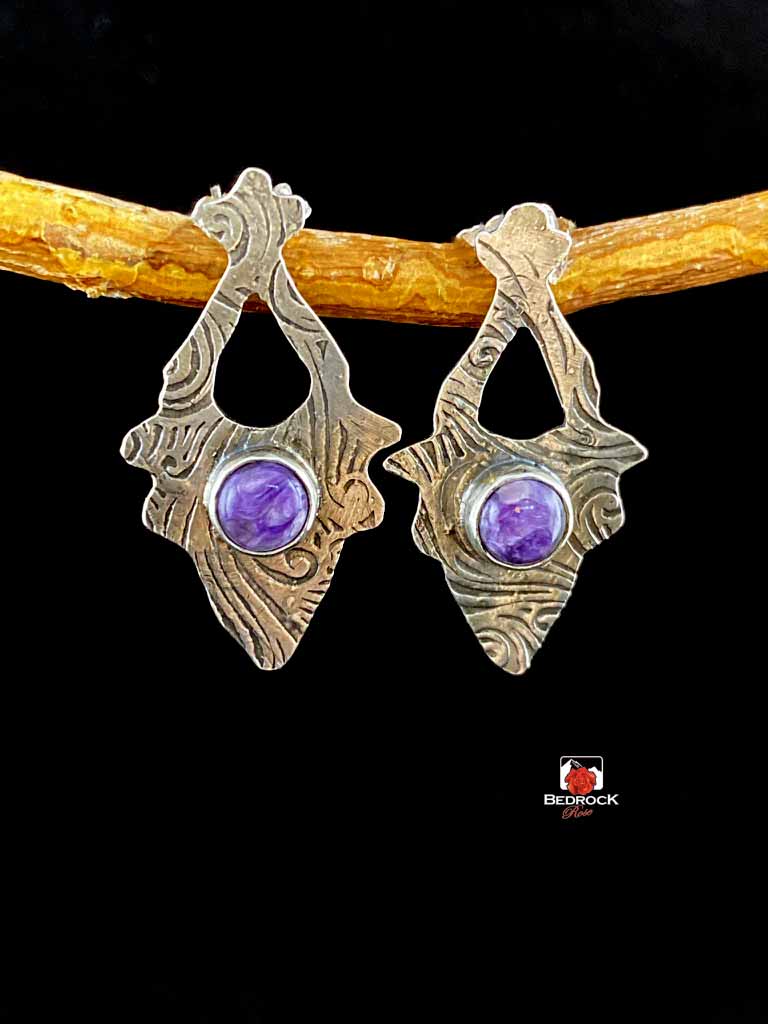 Dainty Sterling Silver Arabesque Charoite Earrings Bedrock Rose