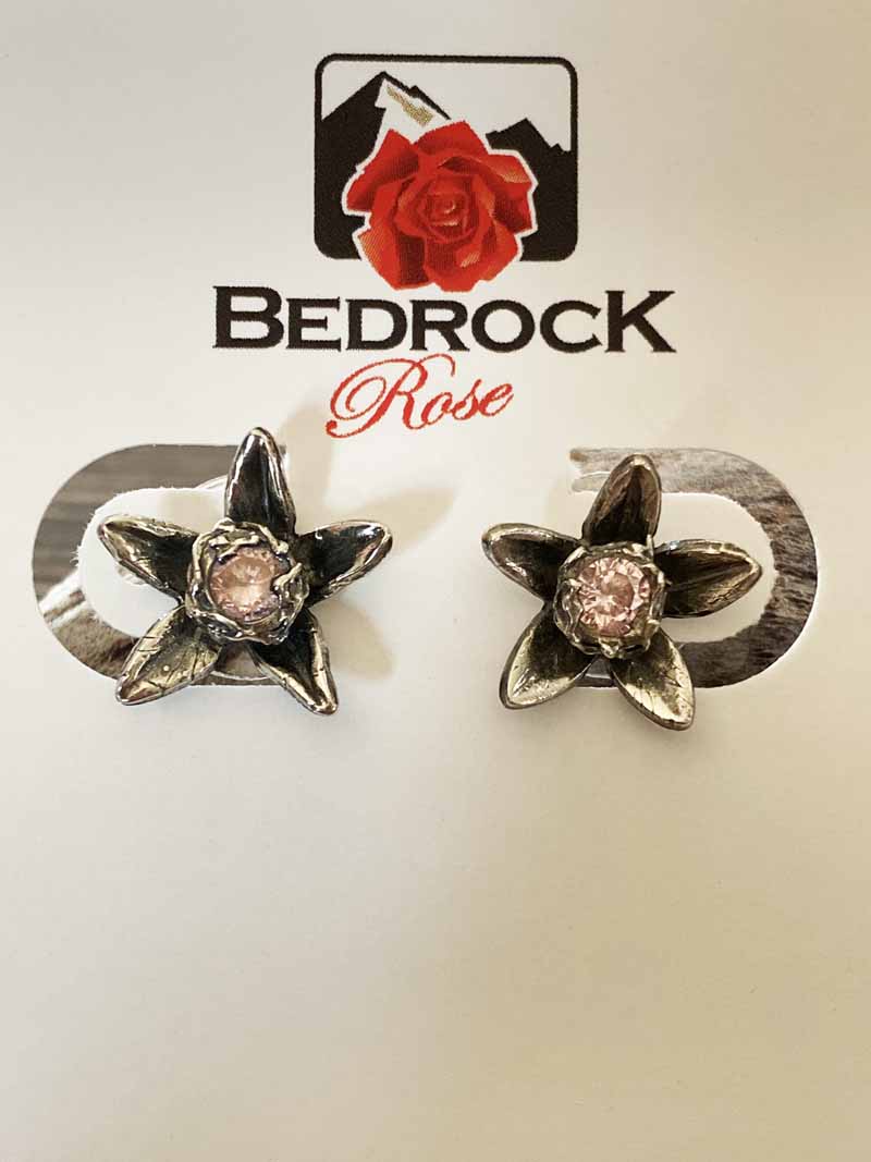 Hand-Sculpted Star Flower Earrings Bedrock Rose, Hand-sculpted silver post earrings, pink gemstone, star of Bethlehem jewelry, gift for her