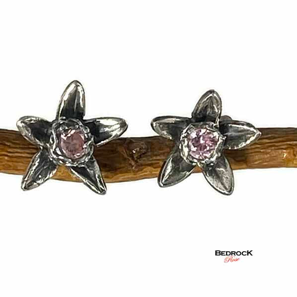 Hand-Sculpted Star Flower Earrings Bedrock Rose, Hand-sculpted silver post earrings, pink gemstone, star of Bethlehem jewelry, gift for her