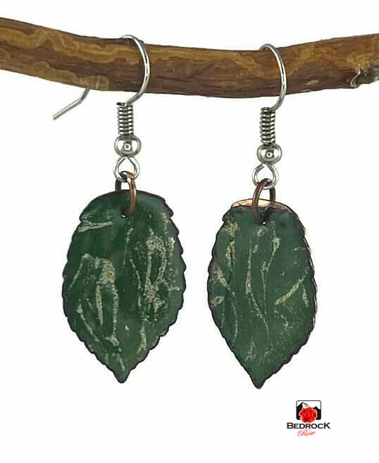 Green and Gold Leaf Enamel Dangling Earrings Bedrock Rose
