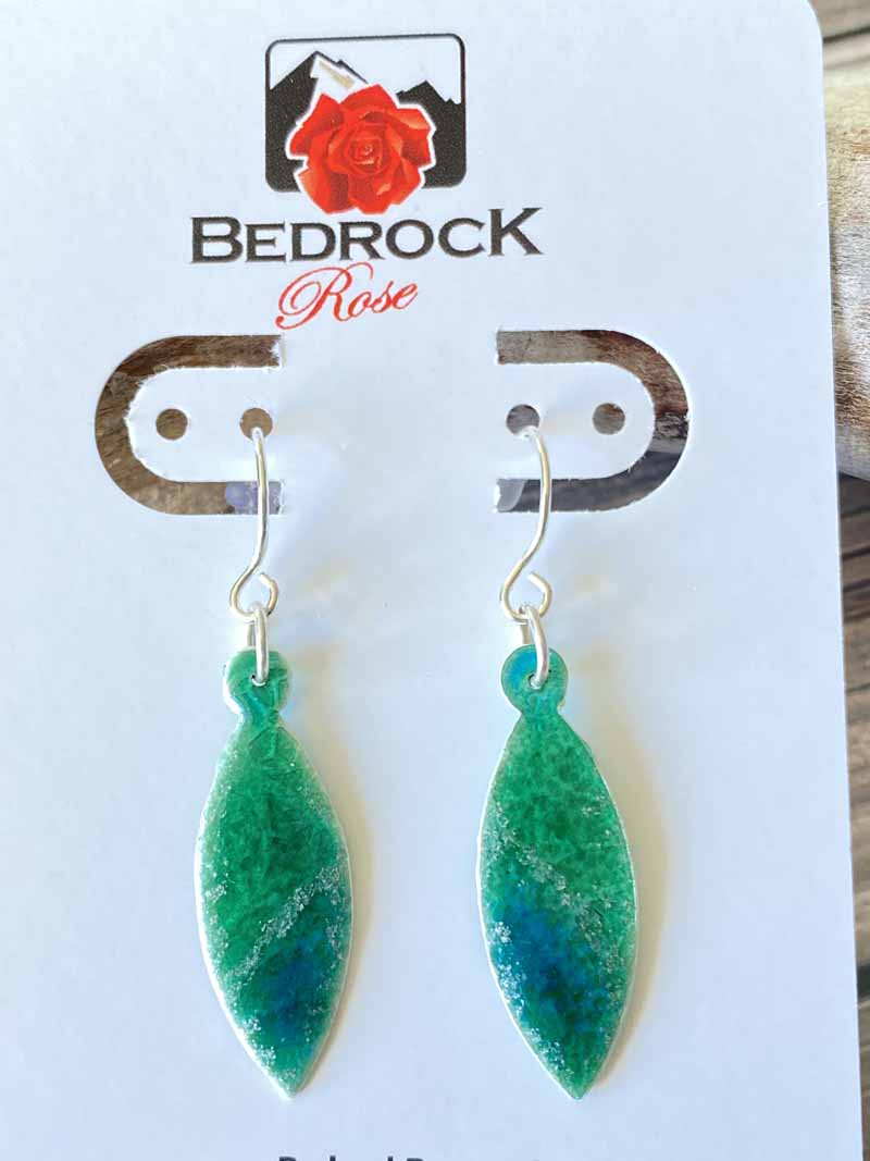 Sparkly Silver Green Earrings Bedrock Rose, Glass enamel earrings, Handmade Jewelry, Gift for Her