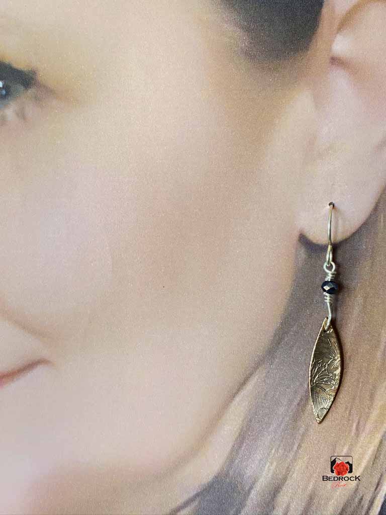 Warm Rose Bronze Floral Pointy Oval Dangling Earrings, Engraved Jewelry, Elegant Danglers